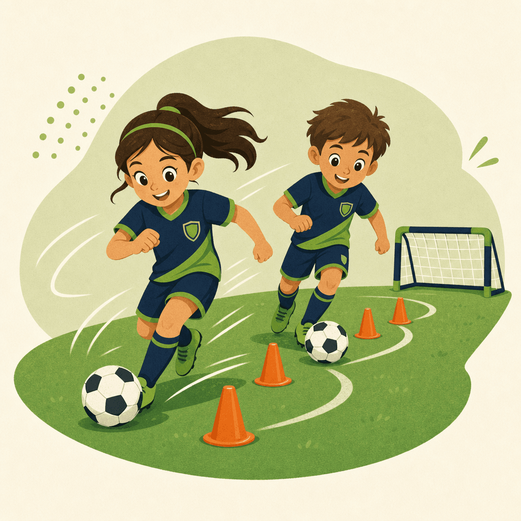 Two kids dribbling through cones toward a mini goal